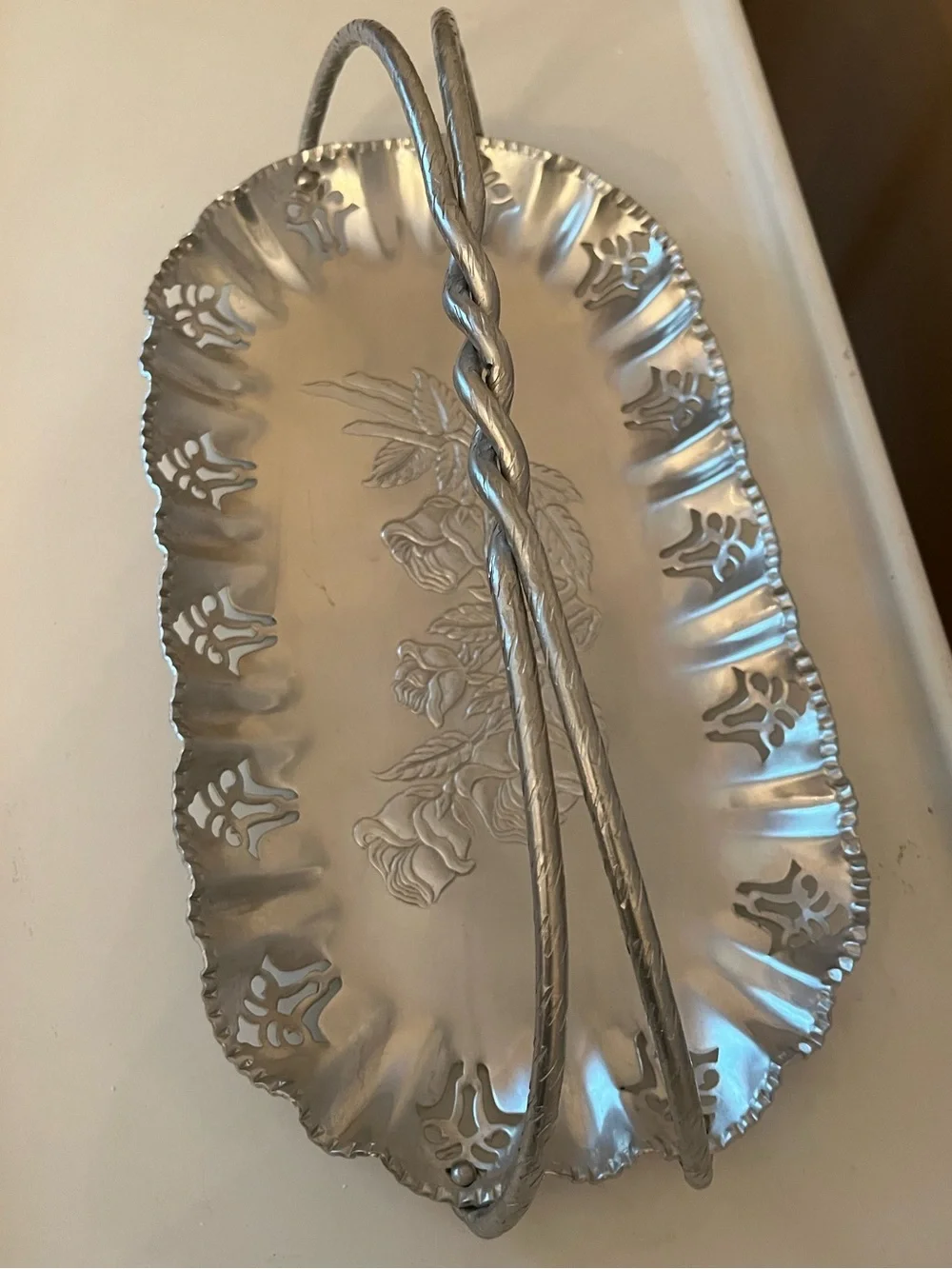 Vintage Floral Hand Wrought Aluminum Serving Tray